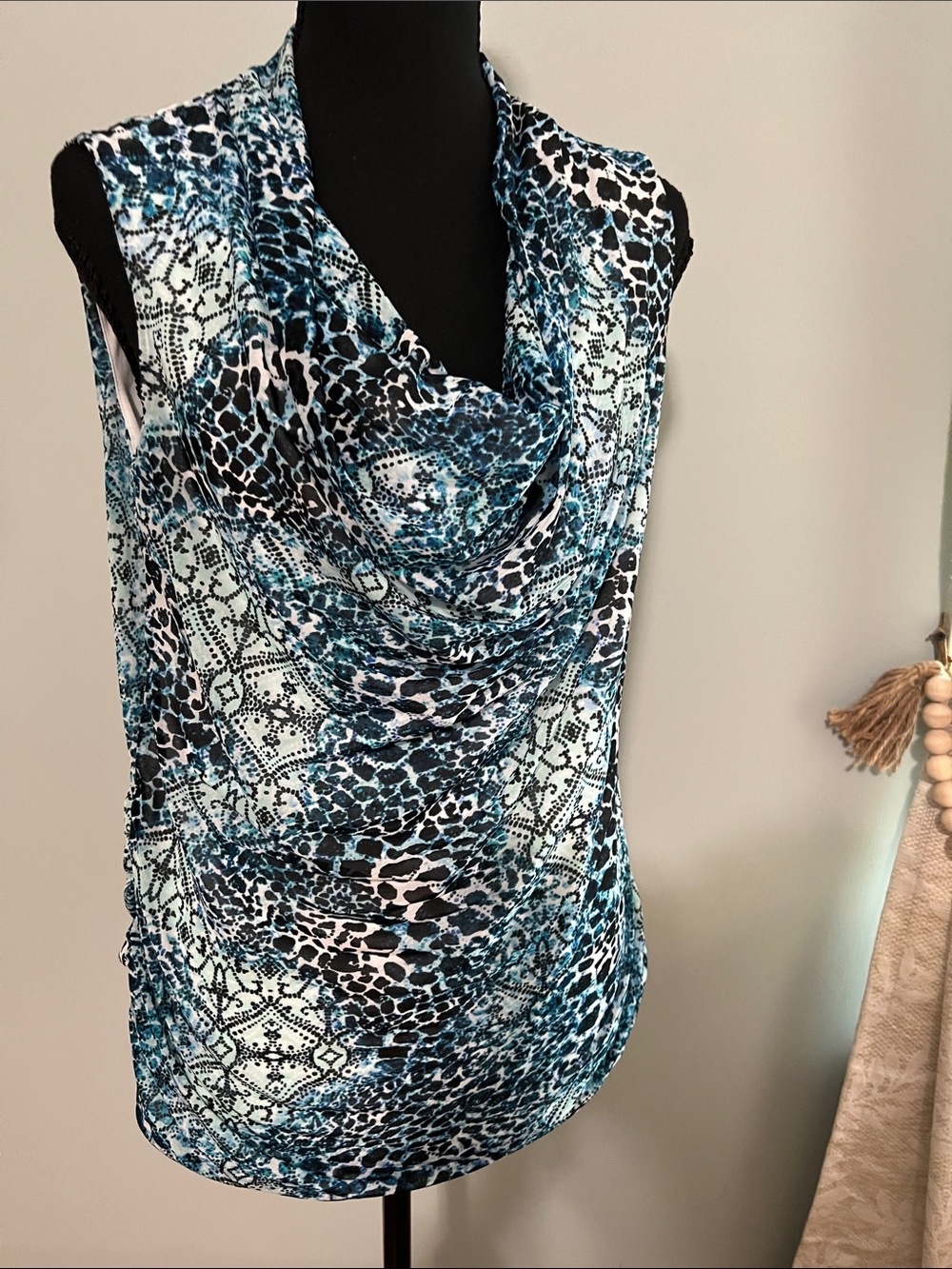 Dana Buchman Teal, Black and White Cowl Neck Sleeveless Top